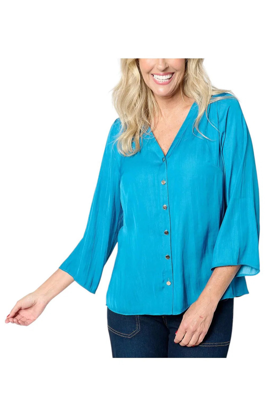 Isaac Mizrahi Live! Women's Flowy Crinkle Satin Blouse Beach Blue - Regular